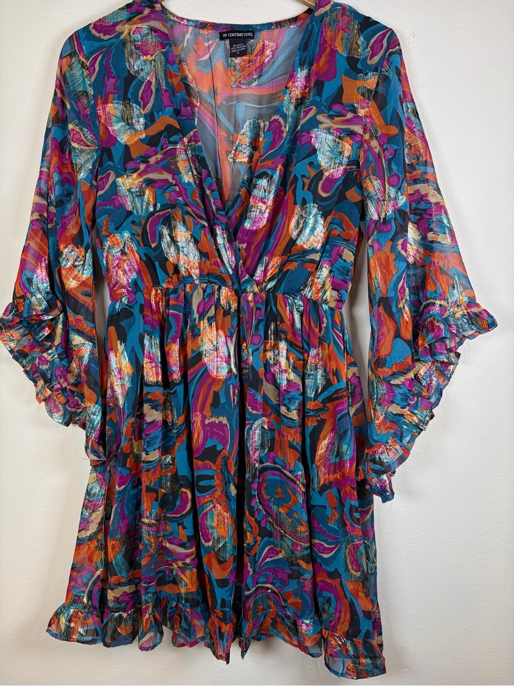 18 Centimeters Metallic Abstract Mini Dress L Boho Festival Ruffle Sleeve